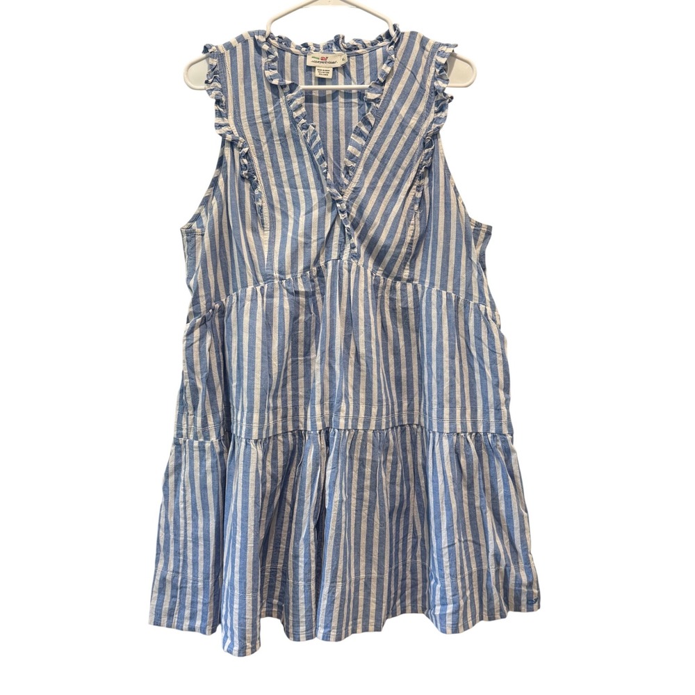 Vineyard Vines Striped Tiered Dress Womens XL Blue White Babydoll Cotton Linen